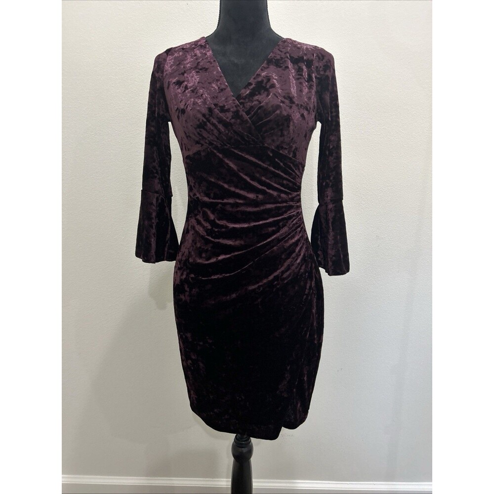 Lauren Ralph Lauren Womens Petite Sz 4P V-Neck Bell Sleeve Velvet Dress Cocktail